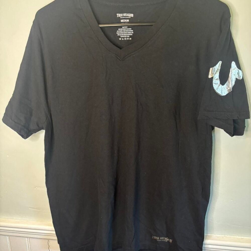 True Religion Black V Neck Tee Horseshoe Logo Sleeve Cotton Medium